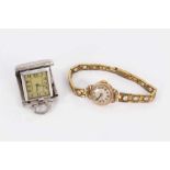 Art Deco silver travelling time piece and 9ct gold cased Verity wristwatch on plated bracelet