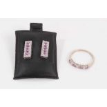 18ct white gold diamond and pink tourmaline seven stone ring and pair of similar 9ct white gold earr