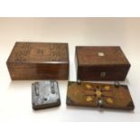 Two 19th century inlaid boxes, a flower press, and a leather studded box (4)