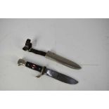 Nazi Hitler Youth knife / dagger with chequered plastic grip, set with enamel swastika badge, plated