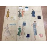 A selection of 1950's mounted and annotated samples of dressmaking / tailoring techniques with fabri