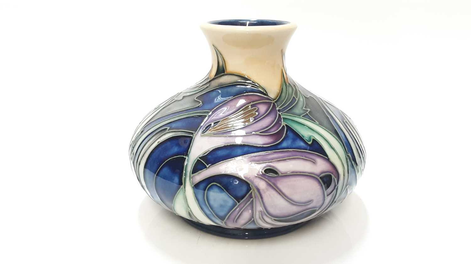 Moorcroft pottery limited edition squat vase decorated in the Saffron Crocus pattern for Thaxted Chu