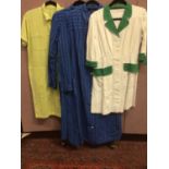 Group of mixed vintage clothing including cotton dresses, linen jacket, two waistcoats and work over