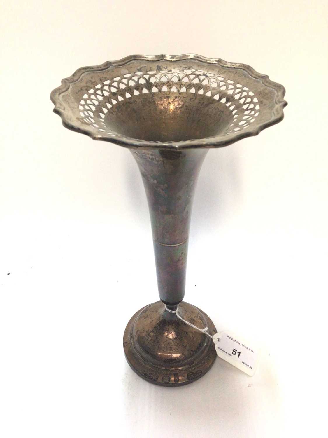 Silver trumpet vase with pierced rim, 25.5cm high