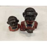 Early 20th century cast iron money bank “Gentleman in a red jacket and dark blue bow tie” with movea