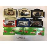 Boxed selection of cars, buses and tractors various manufacturers Lledo, Britains, Maisto etc (2 box