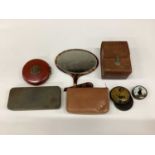 Antique papier mâché snuff box, together with other virtu items, including mother of pearl pin cushi