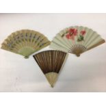 Russian papier-mâché box, fans, pair lornettes and two porcelain nodding figures