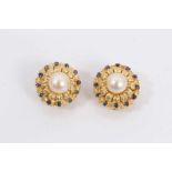 Pair gold cultured pearl and sapphire flower head cluster earrings with clip on fittings