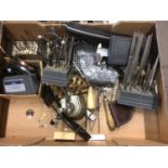 Box of various watchmakers precision tools and parts, clamps etc