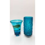 Whitefriars Kingfisher blue ribbon trailed vase, 21.5cm high, together with a Kingfisher blue bark v