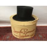 Gentleman's black silk top hat in box by Lincoln & Co Piccadilly, London.