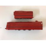 Diecast OO locomotive and tender, Pennsylvania carriages (x4), Denver &Rio Grande Western carriages,