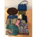 Vintage Welsh tapestry handbag, purse and hat, plus a quantity of scarves including two Liberty and