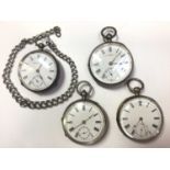 Four silver cased pocket watches, one with silver watch chain