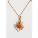 Continental 18ct gold filigree coral bead pendant on chain