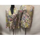 Designer - Louis Feraud 1990's Pop Art / Cartoon flowers. Jacket and matching draped neck blouse.