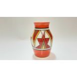 Wedgwood Clarice Cliff style vase with geometric decoration on orange, yellow, brown and white groun