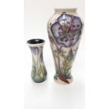 Moorcroft pottery vase decorated with purple flowers on cream and green ground, dated 2002, 12.5cm h