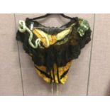 Unusual Victorian boned bodice orange with black ribbons and lace with stuffed fabric snake and frog