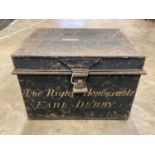 19th century japanned tin document box with painted naming to front 'The Right Honourable Earl Derby