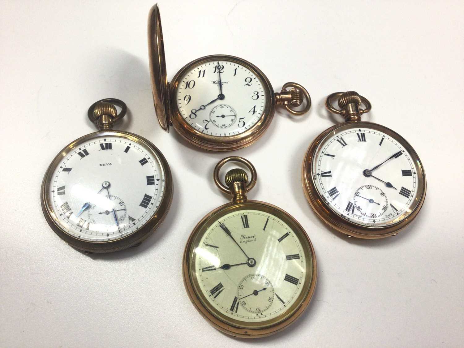 Four gold plated pocket watches to include Waltham USA full hunter, Neva, Prescott England and one o