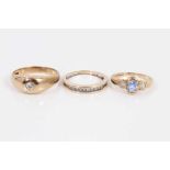 9ct gold diamond half eternity ring, 9ct gold diamond and blue stone ring and 9ct gold ring set with