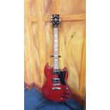 Red Encore electric guitar (immaculate) with strap plus Kingsman gigging bag, guitar stand, Kingsman