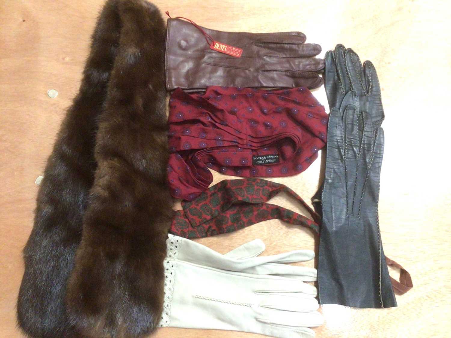 Collection of silk scarves including YSL and Moschino, cashmere check pattern scarf, mink fur collar - Image 6 of 7