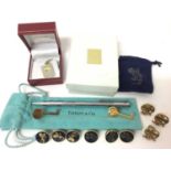 Two Tiffany & Co silver gilt Cunard key shaped pins, other Cunard pins, Cunard World Club silver gil