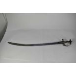 19th century Indian Tulwar sword with steel grip, disc pommel and knuckle bow, broard curved fullere