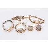 Three 18ct gold cased and three 9ct gold cased vintage ladies wristwatches, four on plated bracelets