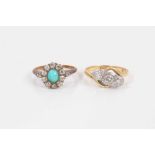 Victorian 18ct gold turquoise and diamond oval cluster ring and 18ct gold diamond three stone cross