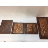 Arts and Crafts relief decorated copper portrait plaque together with three similar art nouveau copp