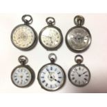 Six silver cased fob watches