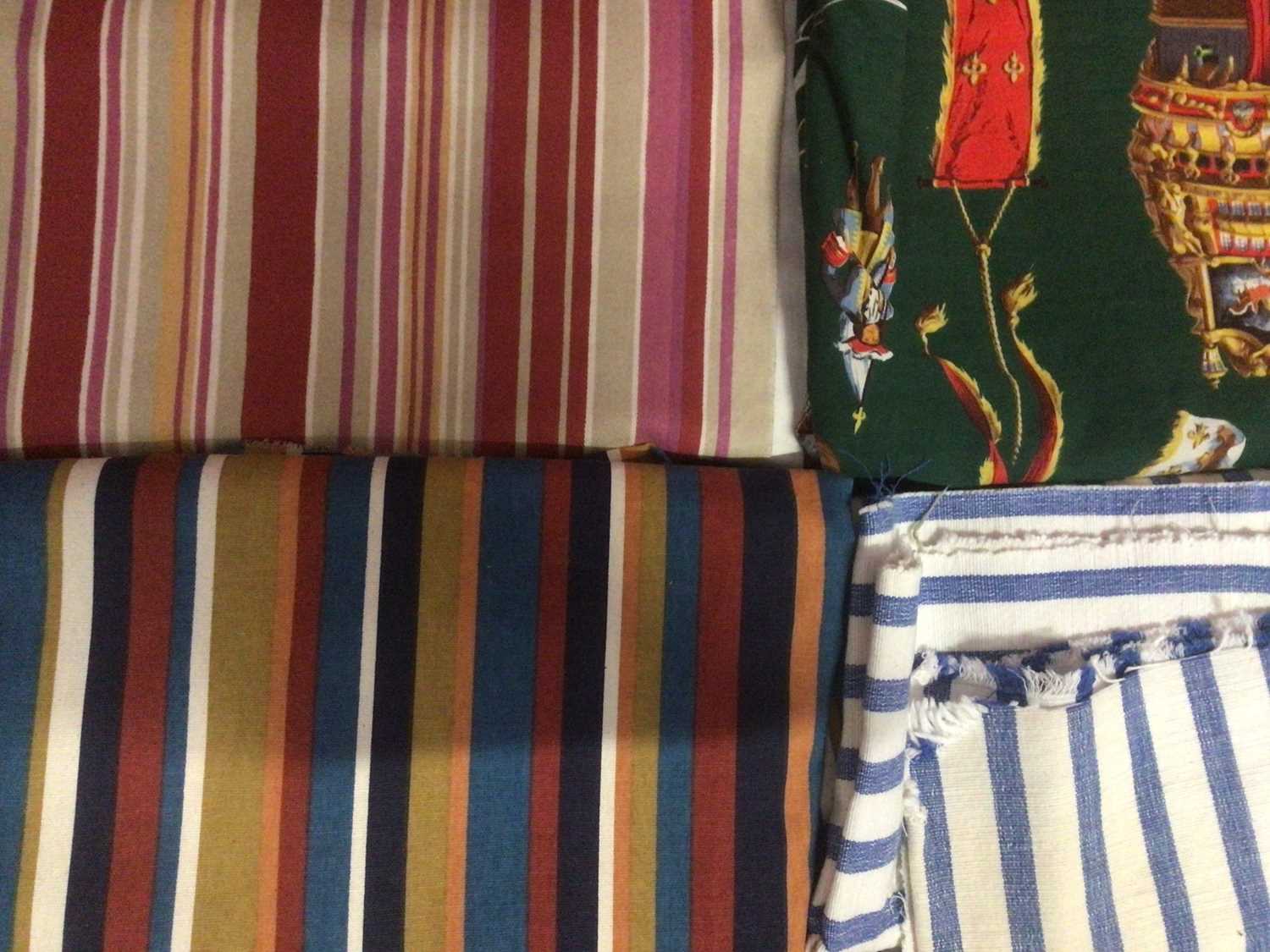 Two Boxes of soft furnishing fabrics including 1960's french Marignan printed cotton, french stripe