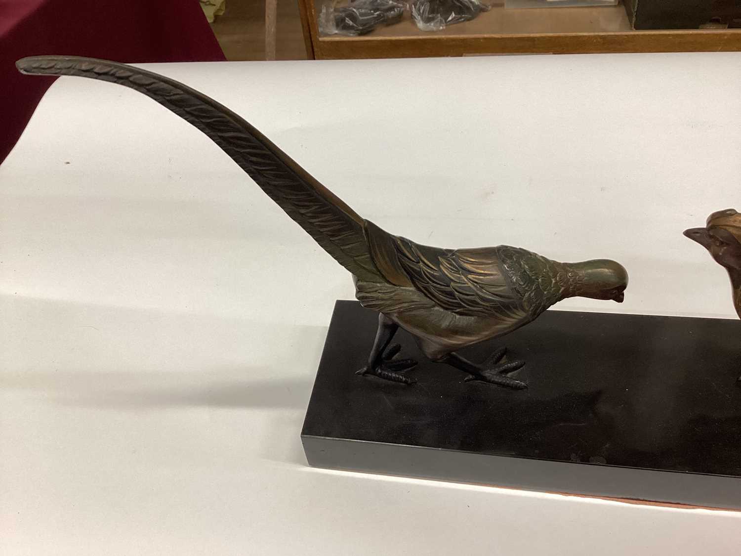 1930's French Art Deco bronzed metal sculpture of a cock and hen pheasant, mounted on a marble base, - Image 3 of 7