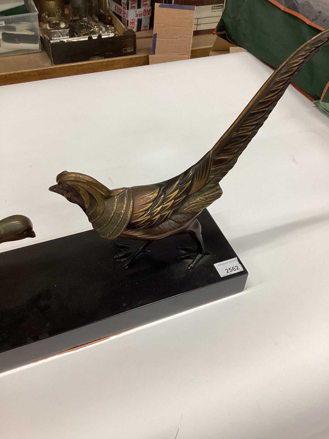 1930's French Art Deco bronzed metal sculpture of a cock and hen pheasant, mounted on a marble base, - Image 2 of 7