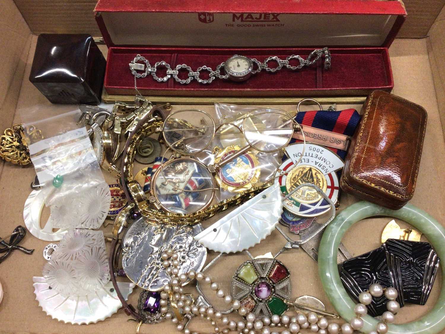 Group of costume jewellery and bijouterie including vintage buckles and spectacles, wristwatches, ba