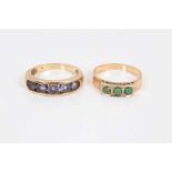 Danish gold (stamped 585) turquoise three stone ring and gold (stamped 14k) tanzanite five stone rin