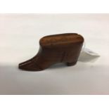 19th century mahogany snuff box in the form of a shoe with inlaid brass pin decoration to lid, 9.8cm