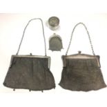 Silver mesh purse, two other silver plated mesh purses and a vanity jar
