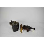 Victorian tin gunpowder flask, model cannon and shell