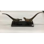 1930's French Art Deco bronzed metal sculpture of a cock and hen pheasant, mounted on a marble base,