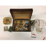 Group of badges, cigarette cards, fid and sundry items