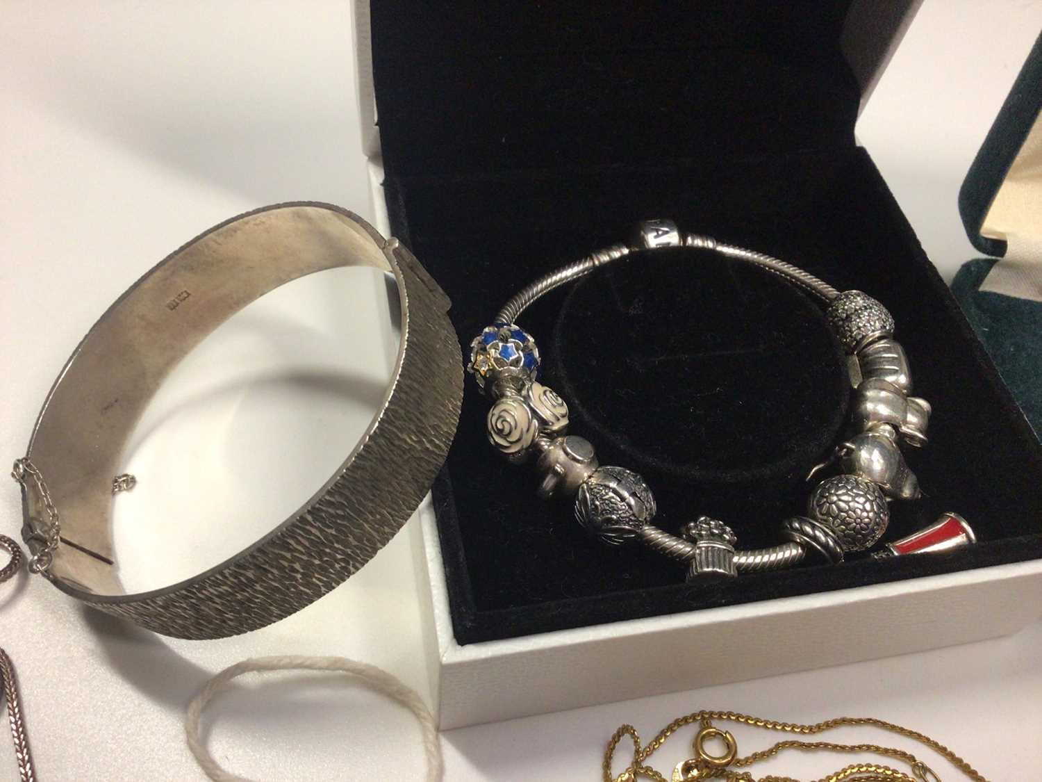 1960s silver bangle, silver ingot pendant on chain, other jewellery and Pandora charm bracelet in bo - Image 2 of 4