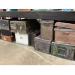 Collection of eleven japanned tin boxes, trunks, ammounition boxes and others (11)