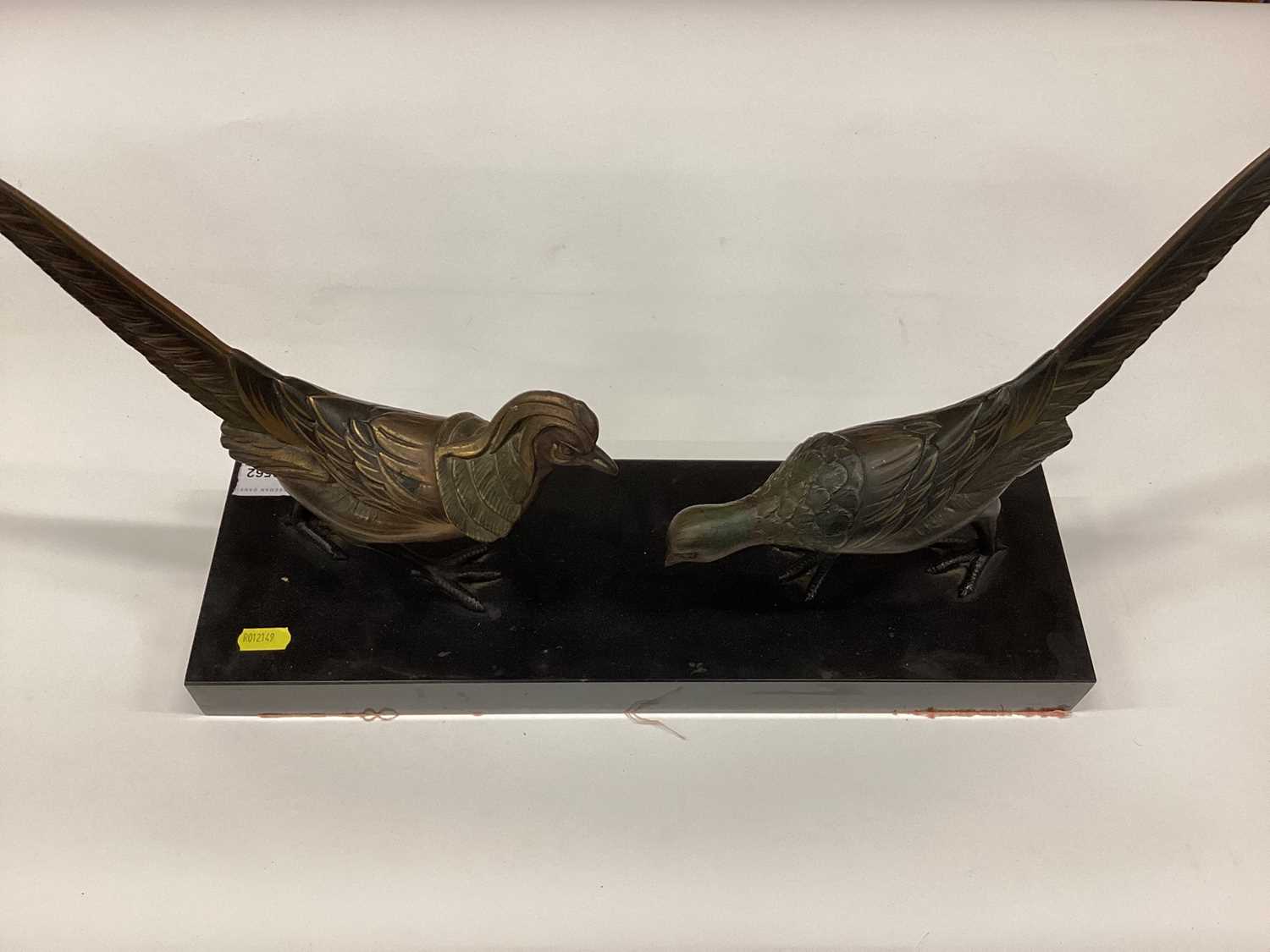 1930's French Art Deco bronzed metal sculpture of a cock and hen pheasant, mounted on a marble base, - Image 7 of 7