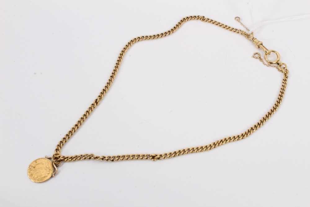 18ct gold watch chain/necklace with gold 1855 one dollar coin pendant