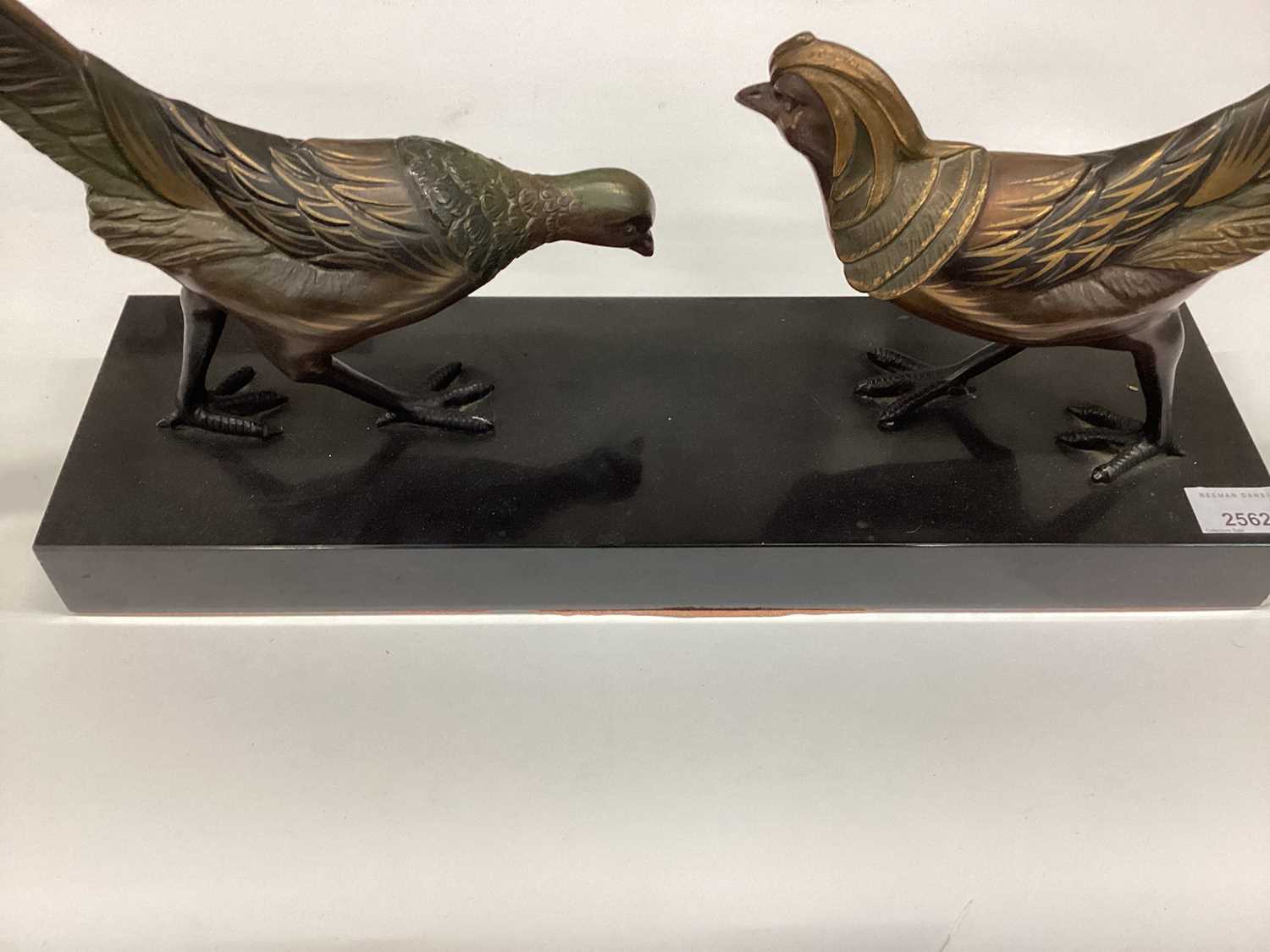 1930's French Art Deco bronzed metal sculpture of a cock and hen pheasant, mounted on a marble base, - Image 4 of 7